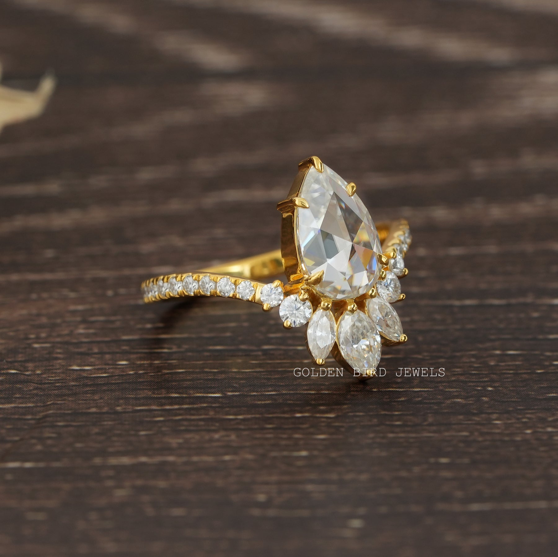 [Yellow Gold Rose Cut Pear Moissanite Curved Engagement Ring]-[Golden Bird Jewels]