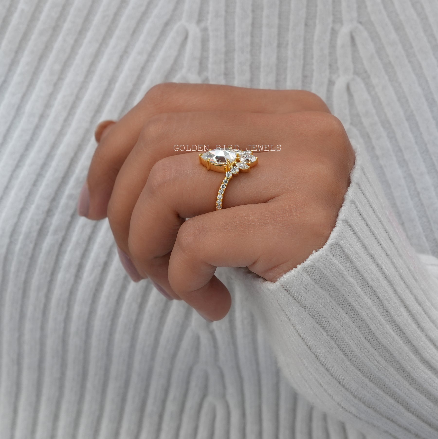 [Rose Cut Pear Moissanite Curved Engagement Ring In 14K Yellow Gold]-[Golden Bird Jewels]