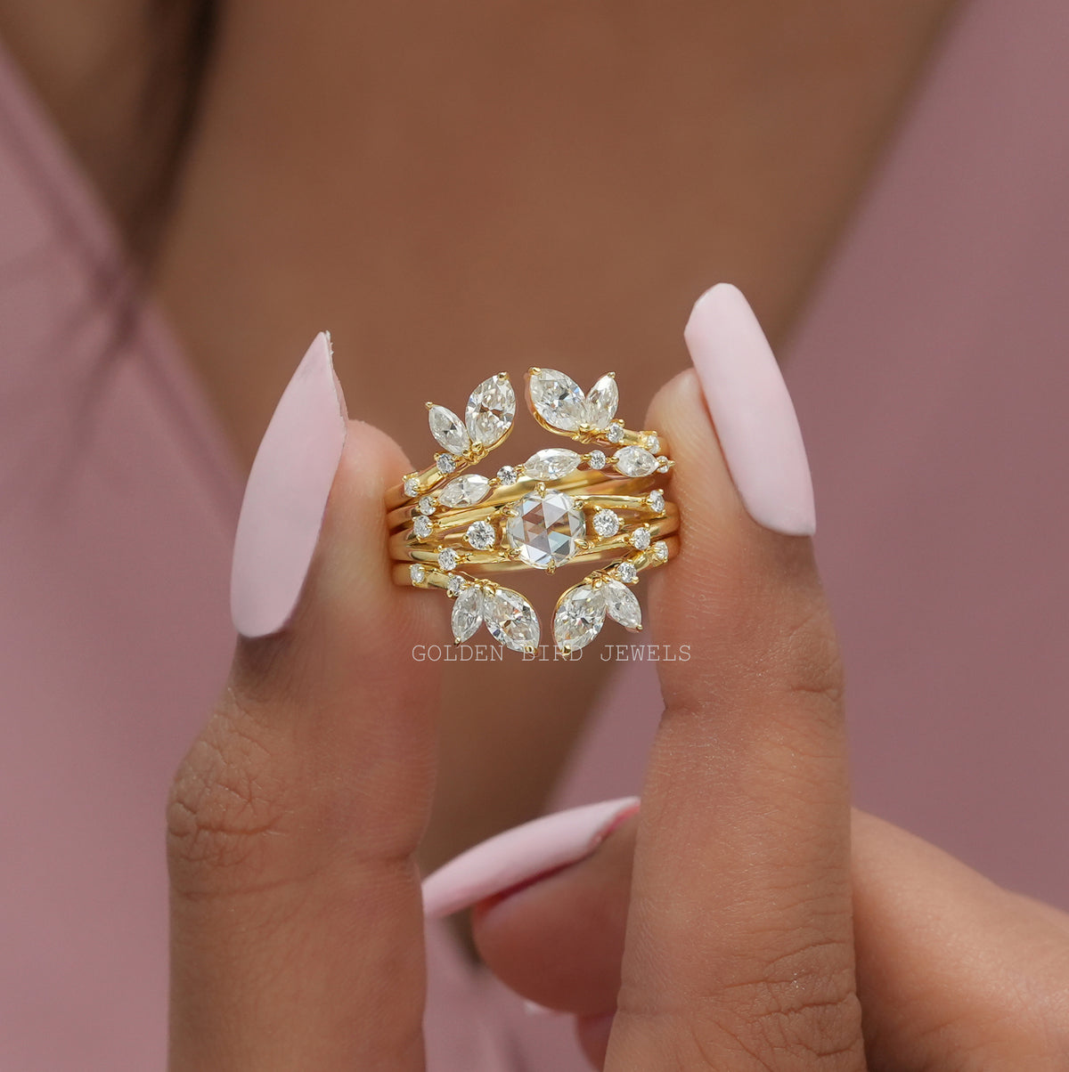 Front View of Multi Stone Moissanite Cocktail Bridal Set In two Fingers