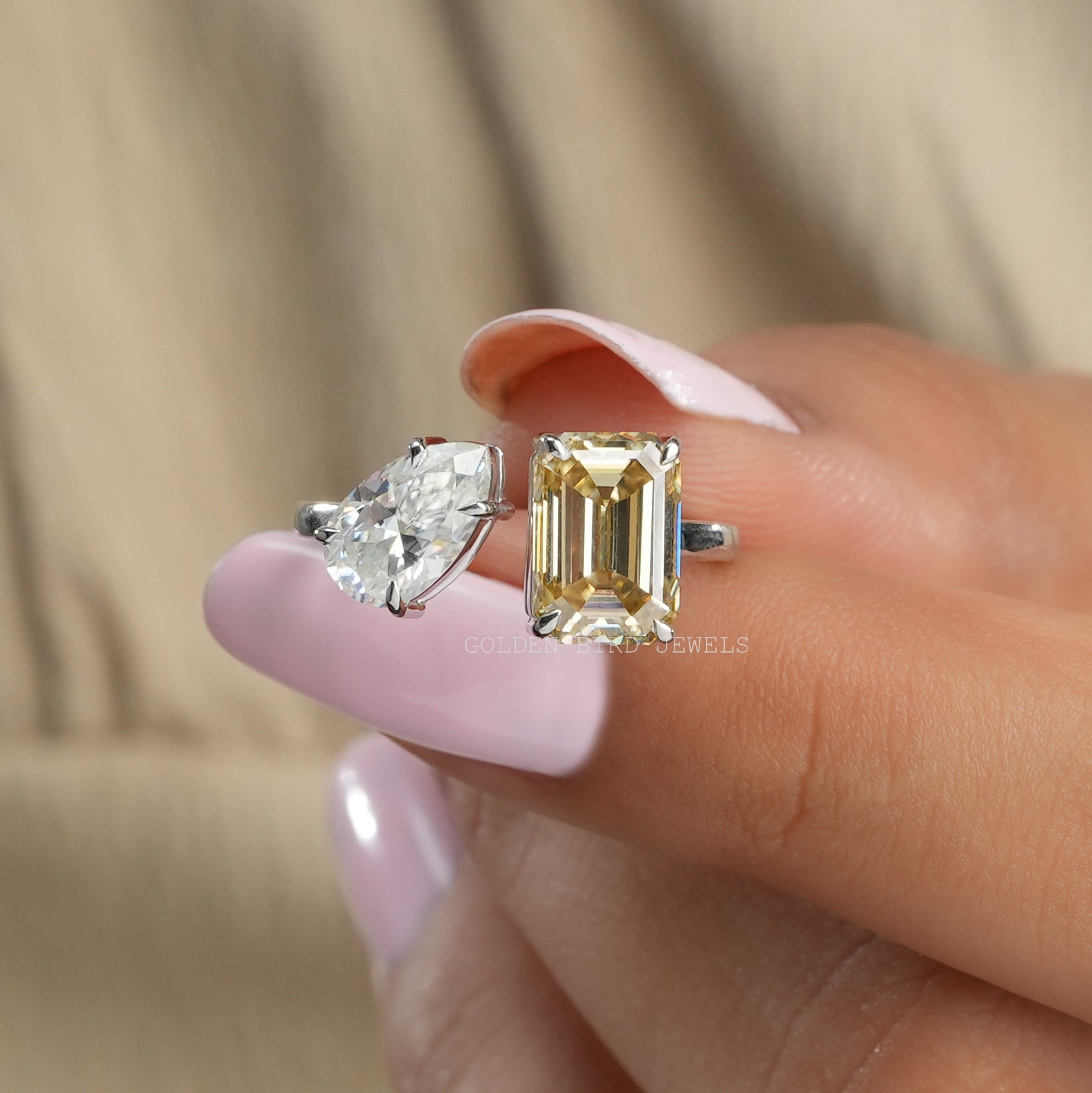 Pear And Emerald Cut Toi Et Moi Moissanite Ring