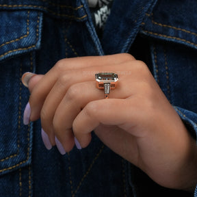 [Dark Gray Emerald Cut Bezel Set Moissanite Ring]-[Golden Bird Jewels]