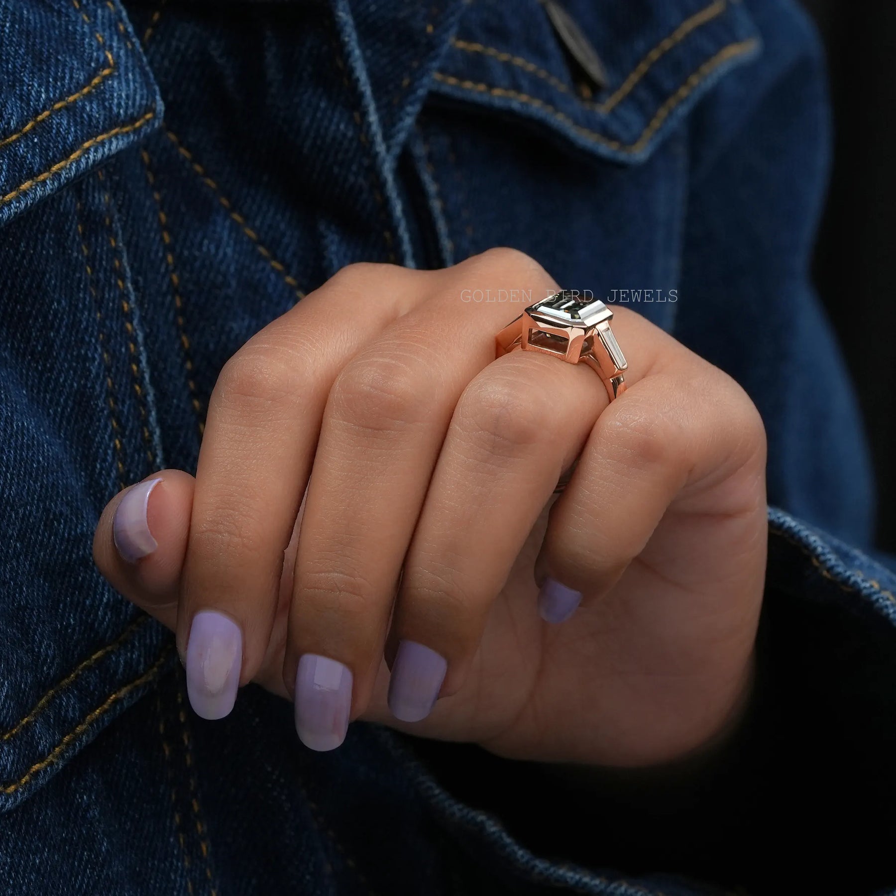 [Emerald Cut Three Stone Engagement Ring]-[Golden Bird Jewels]