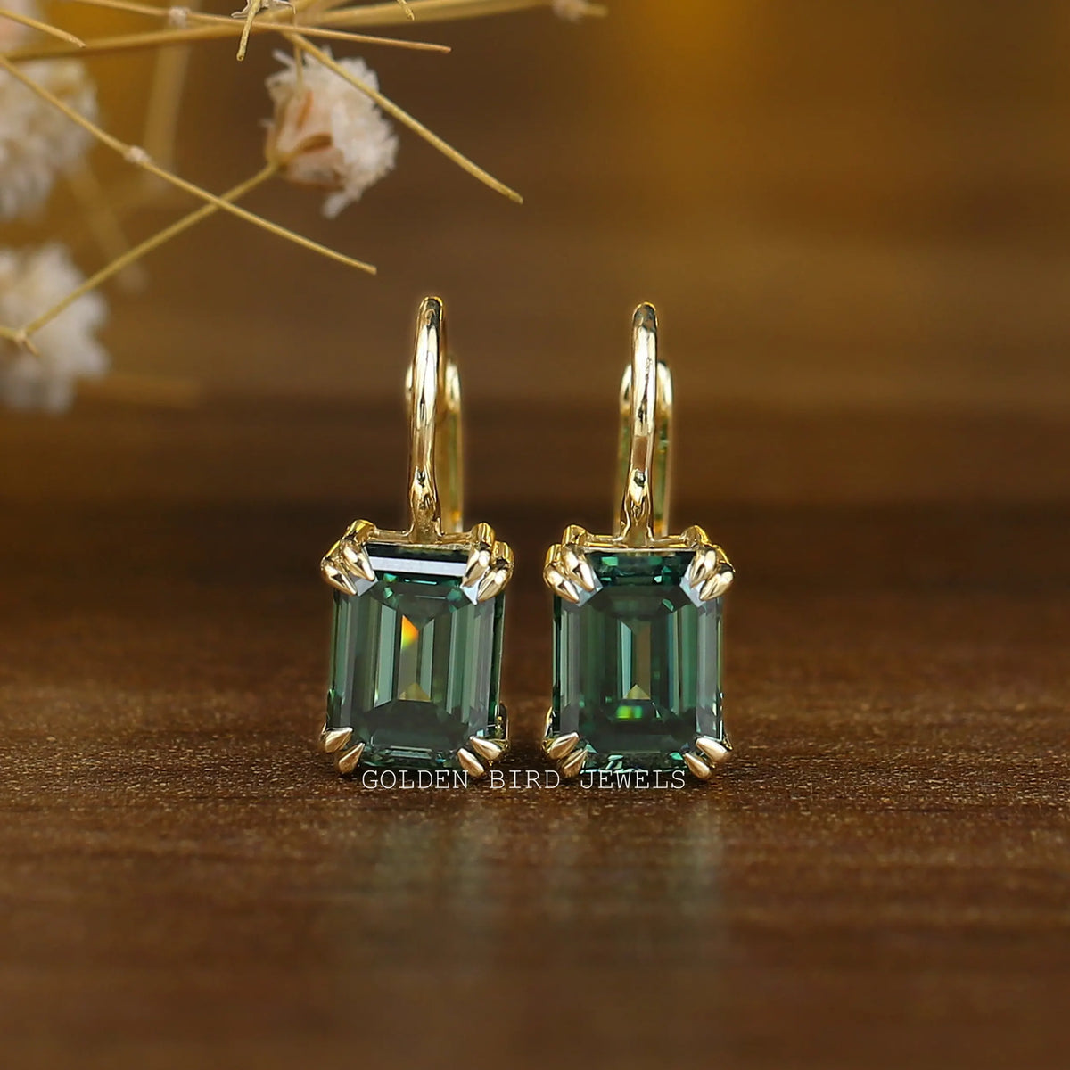 Dark Green Emerald Cut Moissanite Earrings