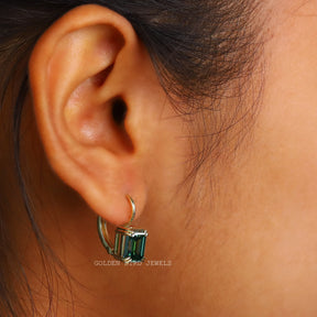Dark Green Emerald Cut Moissanite Earrings