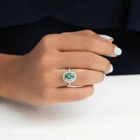 [Halo Style Step Cut Oval Moissanite Engagement Ring]-[Golden Bird Jewels]