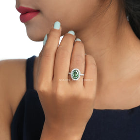 [Dark Green Step Cut Oval Halo Moissanite Engagement Ring]-[Golden Bird Jewels]