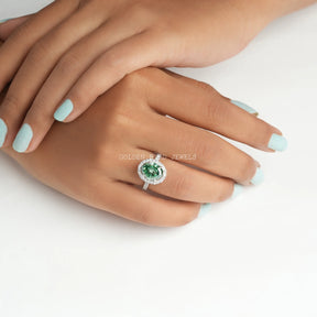 [Dark Green Step Cut Oval Moissanite Engagement Ring With VVS Clarity Moissanite]-[Golden Bird Jewels]