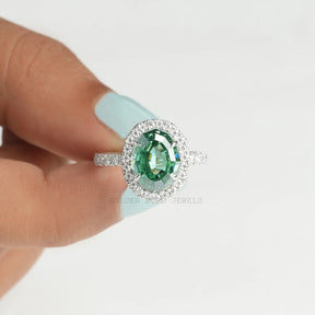 [Step Cut Oval Moissanite Halo Engagement Ring In White Gold]-[Golden Bird Jewels]