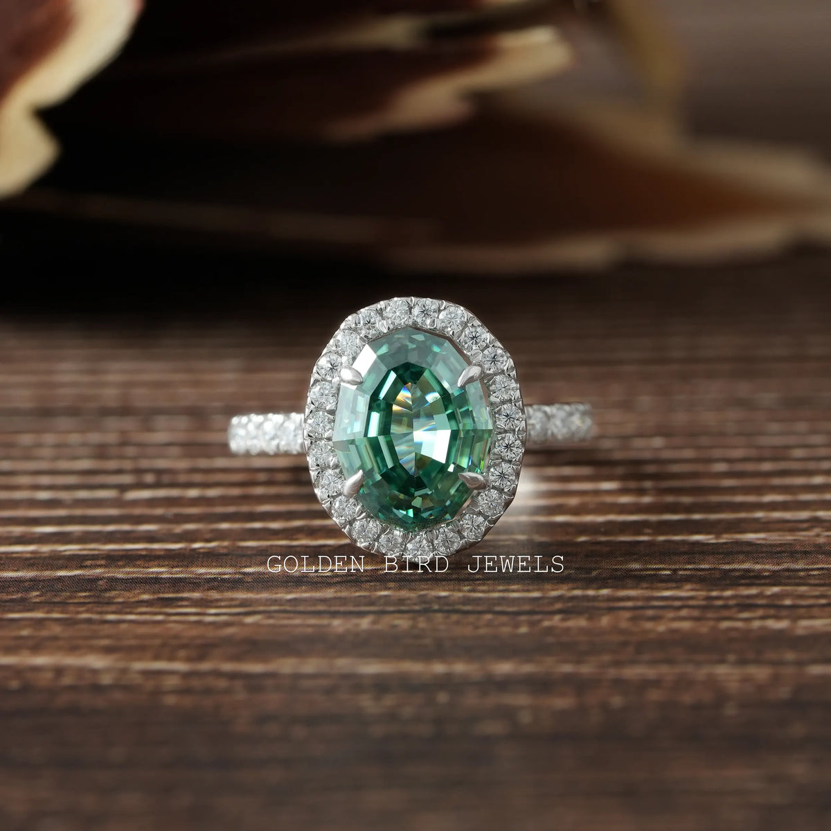 [3 Carat Dark Green Oval Cut Halo Moissanite Engagement Ring]-[Golden Bird Jewels]