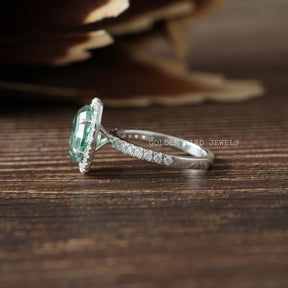[Step Cut Oval Halo Engagement Ring with Side Stones]-[Golden Bird Jewels]