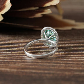 [Dark Green Step Cut Oval Moissanite Halo Ring]-[Golden Bird Jewels]