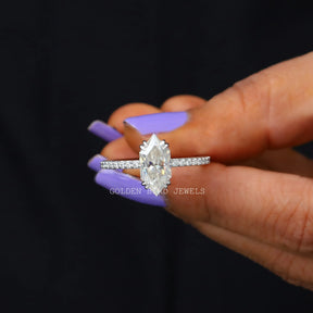Double Prong Set Colorless Dutch Marquise Cut Moissanite Ring Made With 18K Solid White Gold
