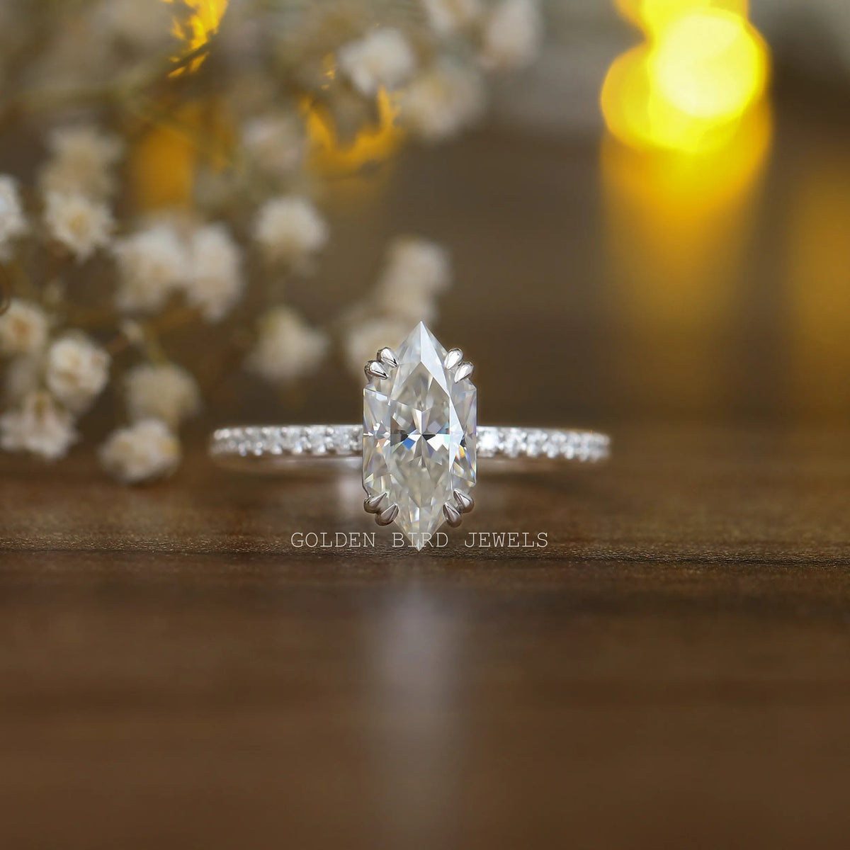 2.50 Carat Colorless Dutch Marquise Cut Double Prong Set Solitaire Accent Moissanite Engagement Ring