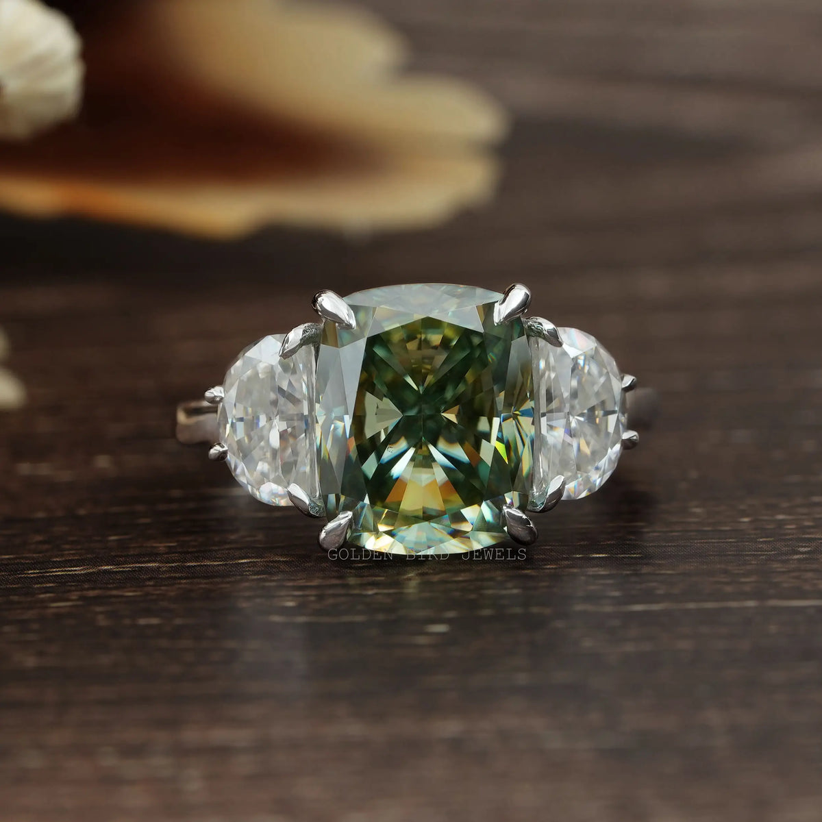 [Elongated Green Cushion Cut Moissanite Three Stone Ring]-[Golden Bird Jewels]