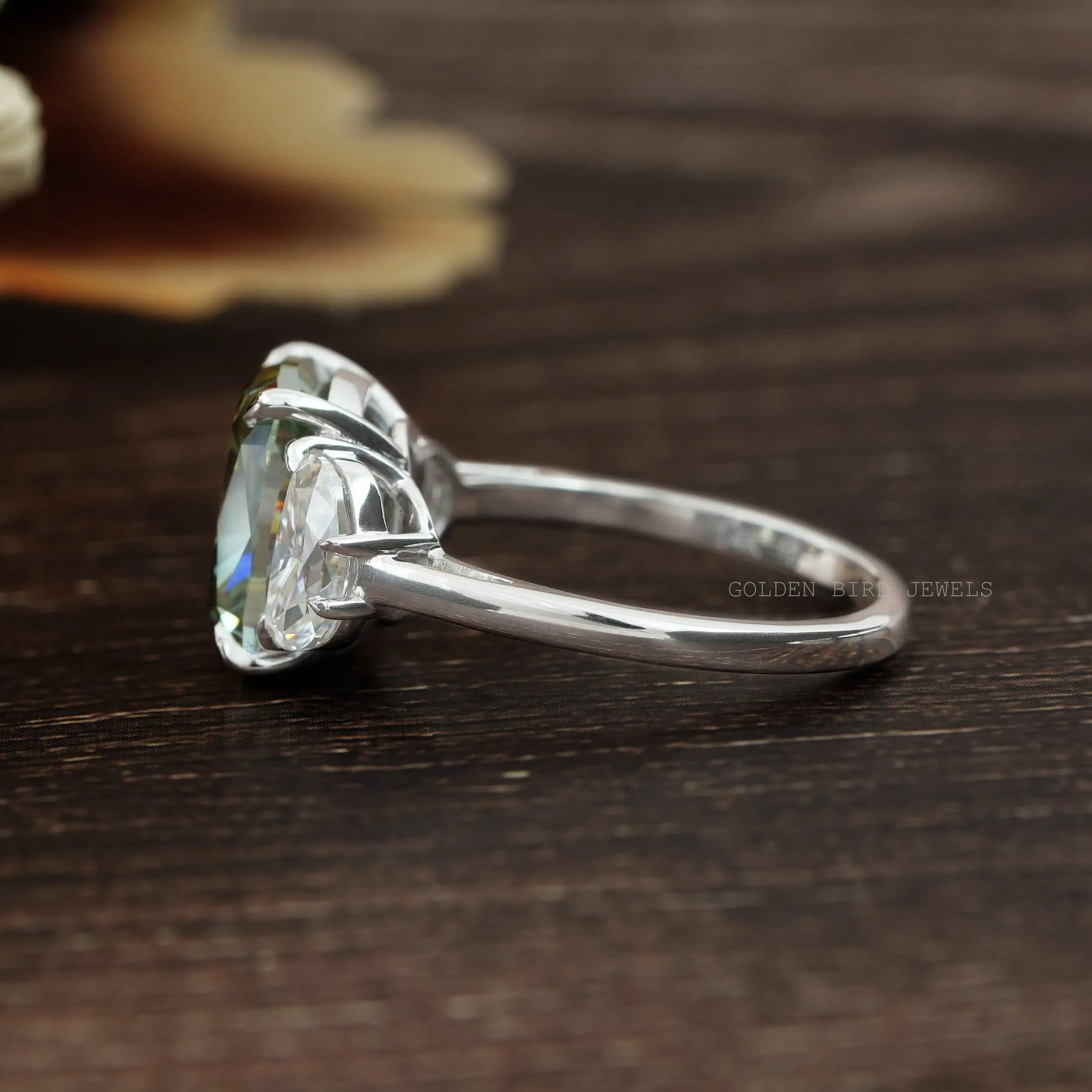 [Green Cushion Cut Moissanite 3 Stone Ring Made With 18K Solid  White Gold]-[Golden Bird Jewels]