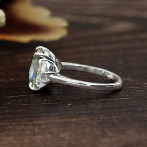 Left Side Look Of Green Cushion Cut Moissanite 3 Stone Ring Made With 18K Solid  White Gold