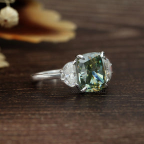 Side View Of Blue Green Cushion Cut Moissanite Engagement Ring