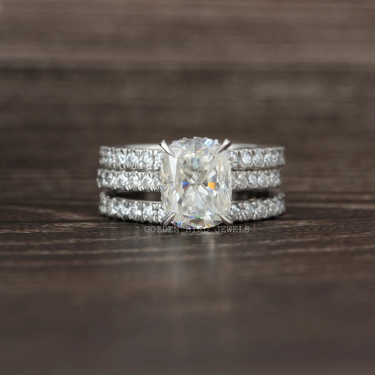 View of Elongated Cushion Cut Moissanite Bridal Ring Set In White Gold