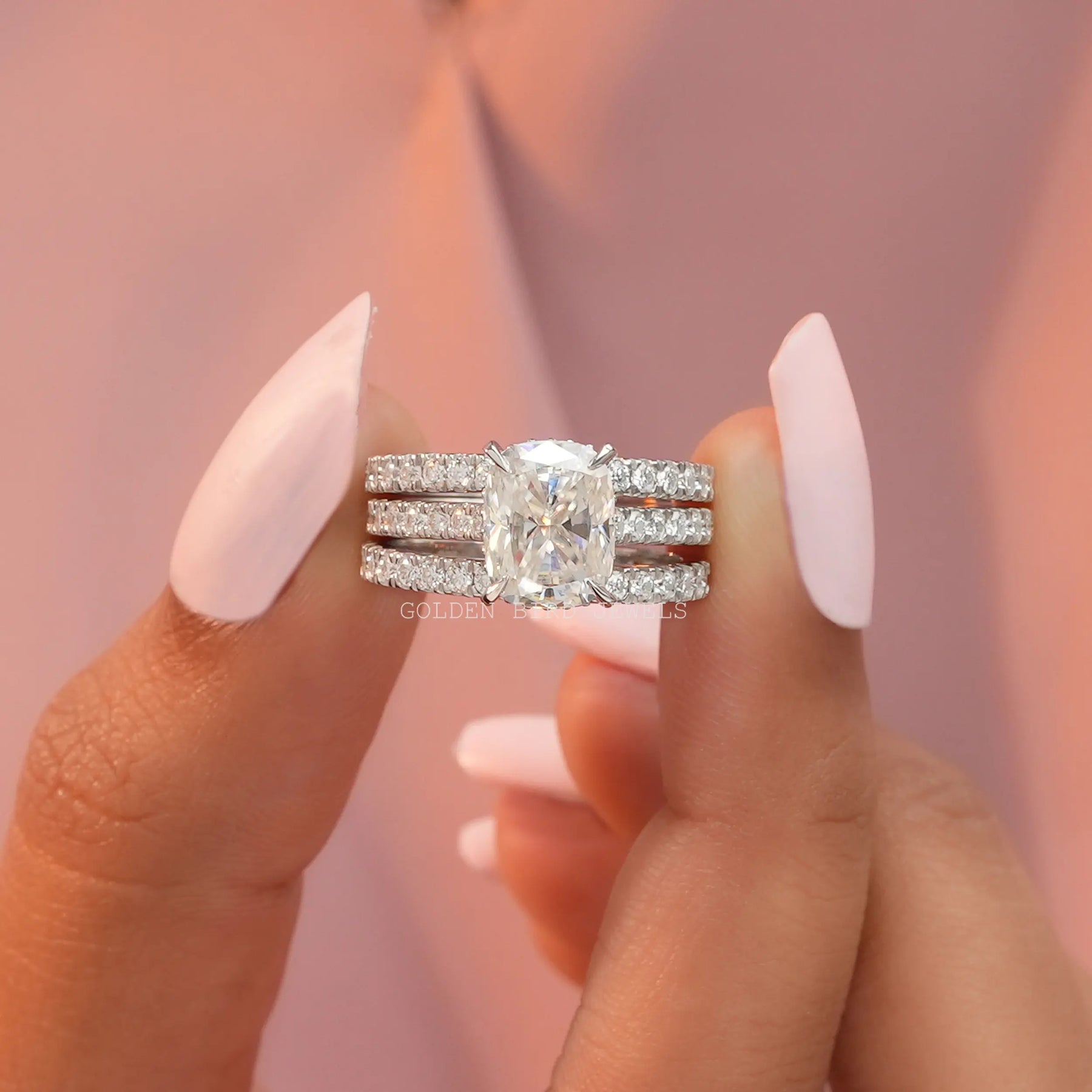 [Elongated Cushion Cut Moissanite Bridal Ring Set With 4 Prongs]-[Golden Bird Jewels]