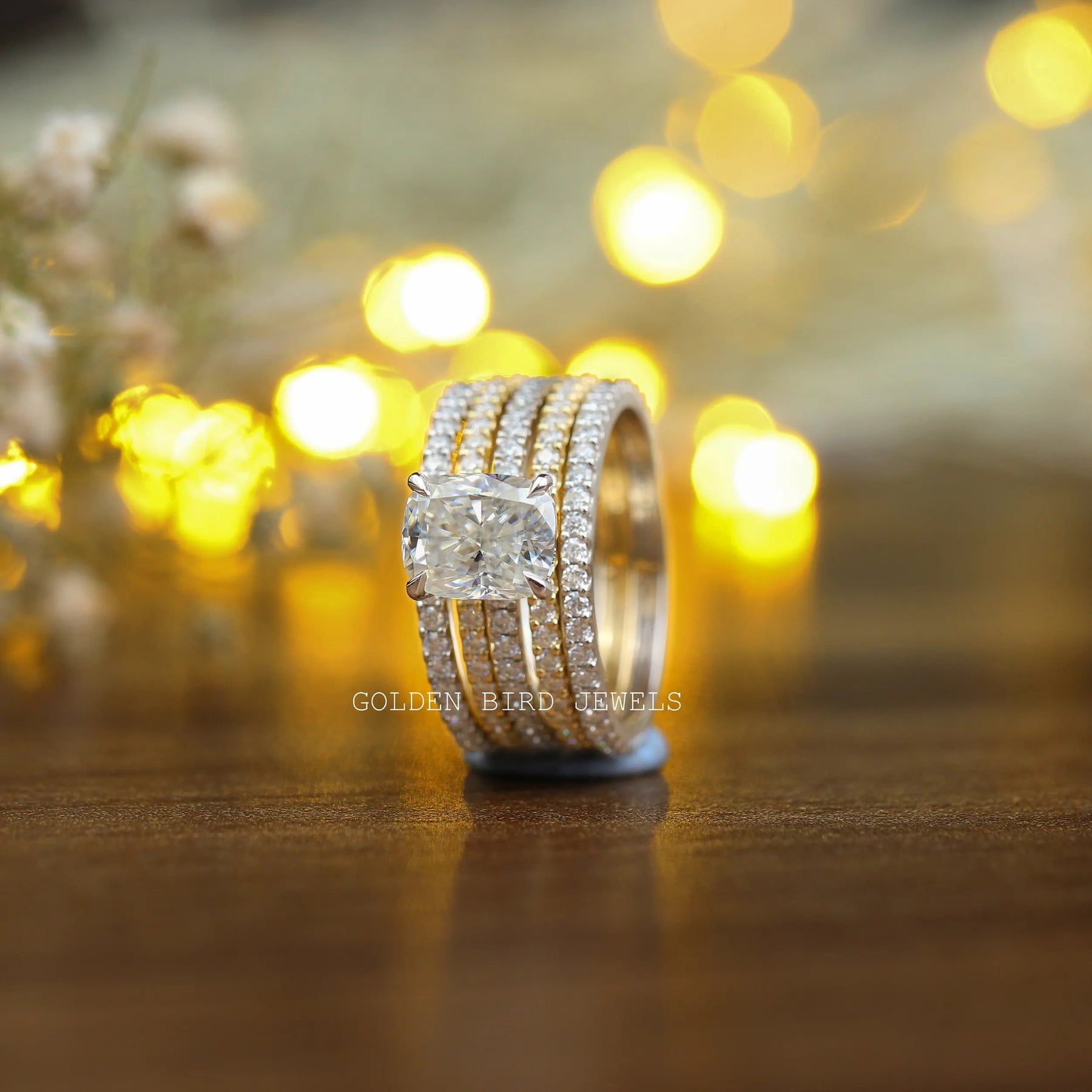 Beautiful Front View Of 5 Row Moissanite Eternity Wedding Ring Set
