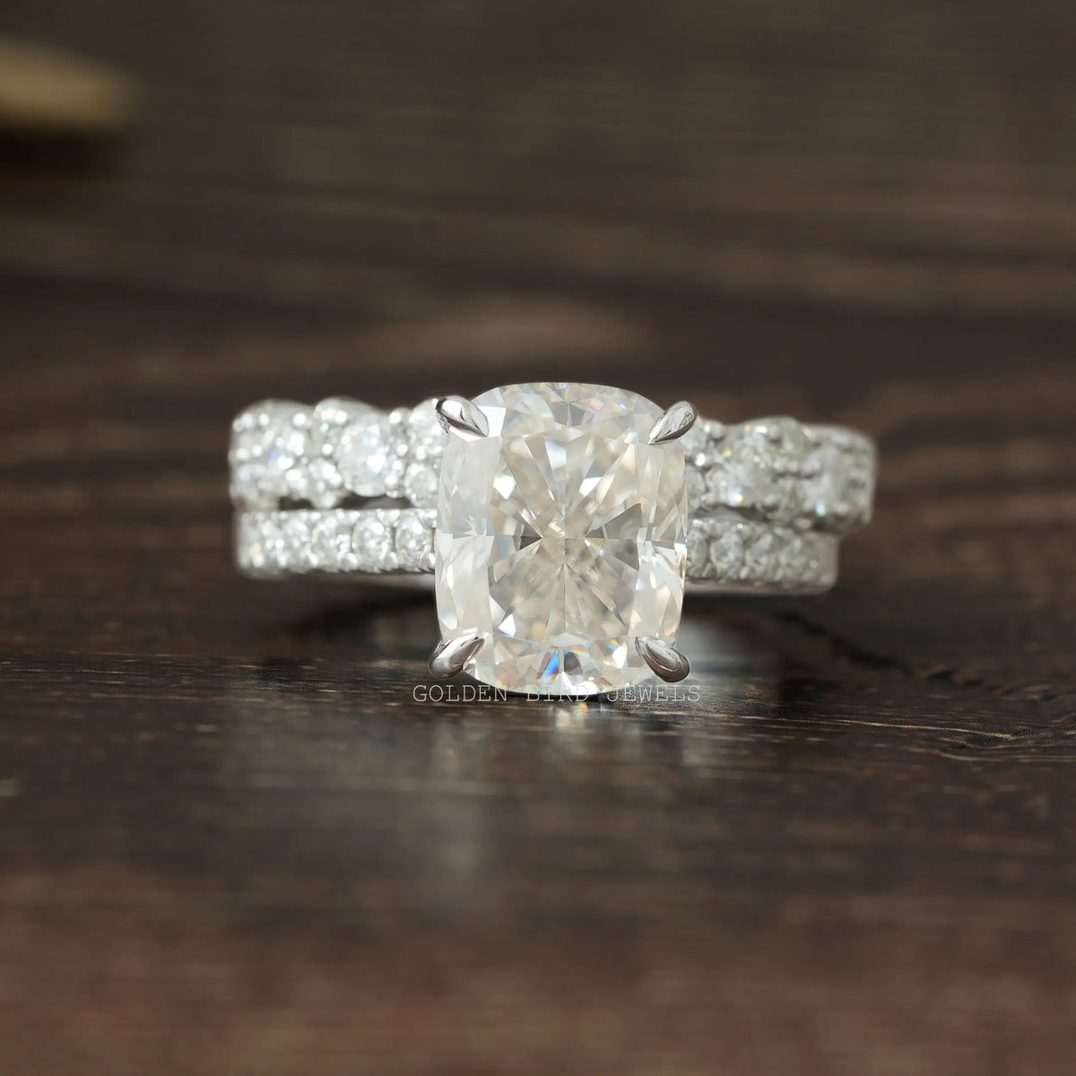 Elongated Cushion Cut Moissanite Hidden Halo Ring In White Gold