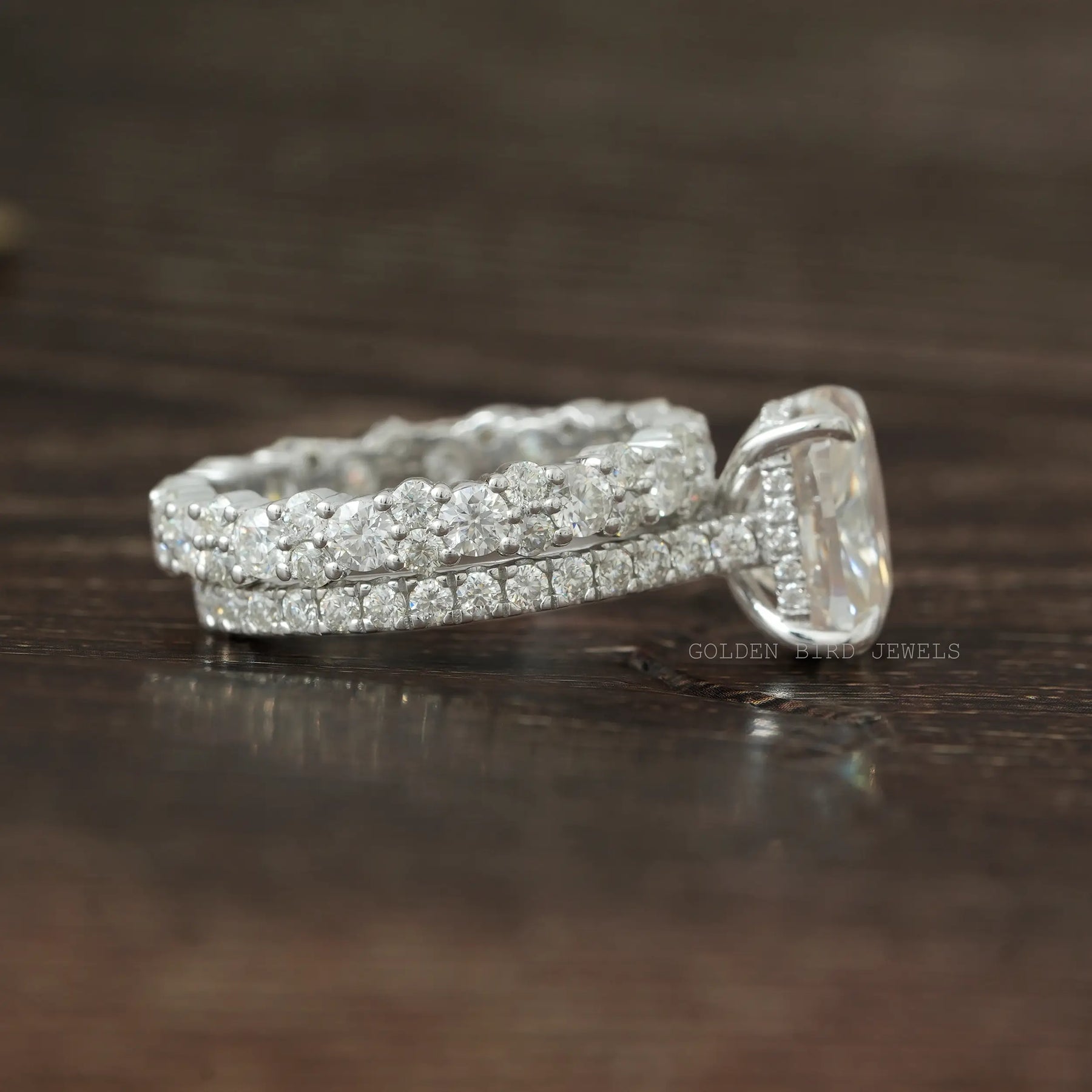 [Elongated Cushion Moissanite Wedding Ring Set Set In Prongs & White Gold]-[Golden Bird Jewels]