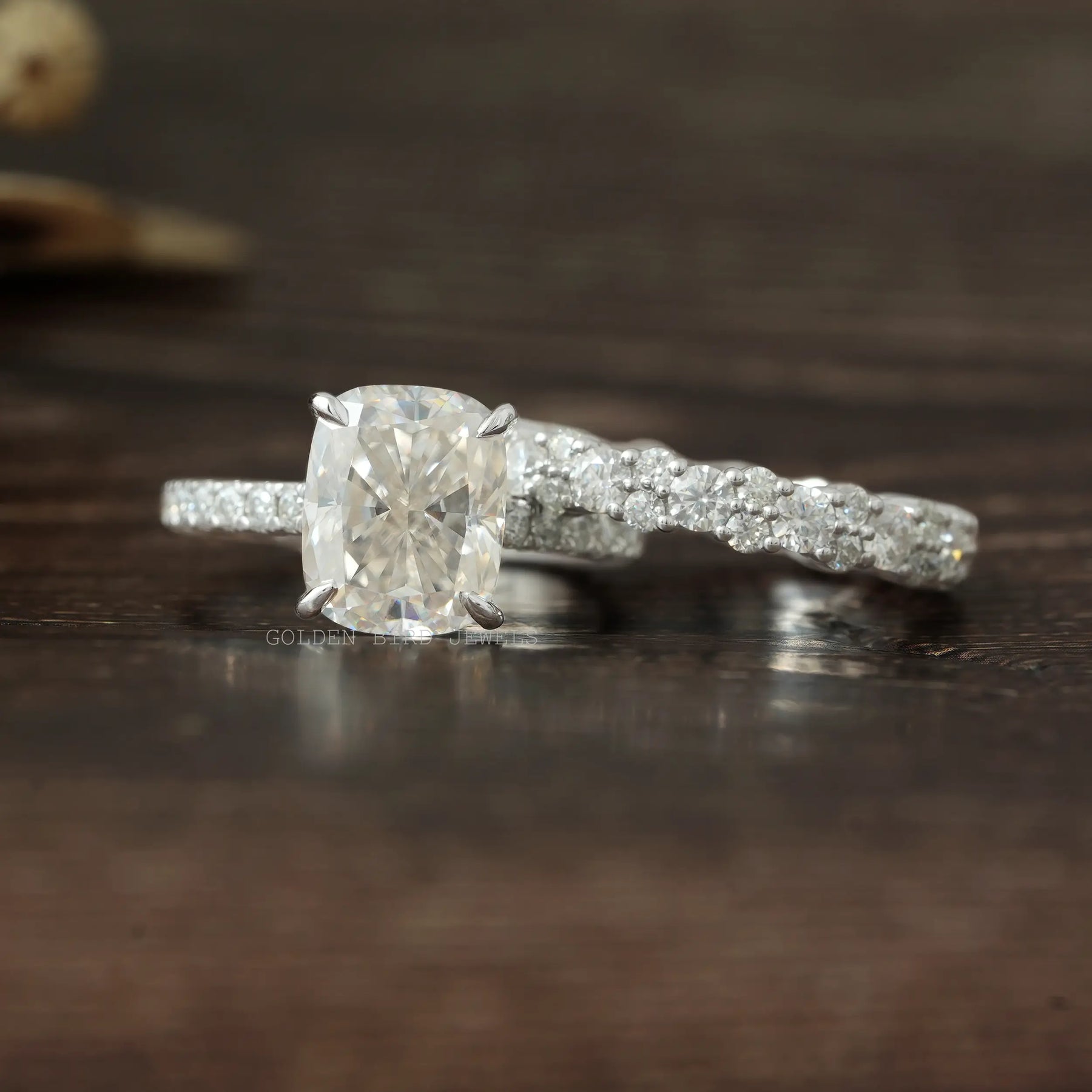 [Moissanite Cushion Cut Hidden Halo Ring Crafted With 4 Prongs]-[Golden Bird Jewels]-[Golden Bird Jewels]