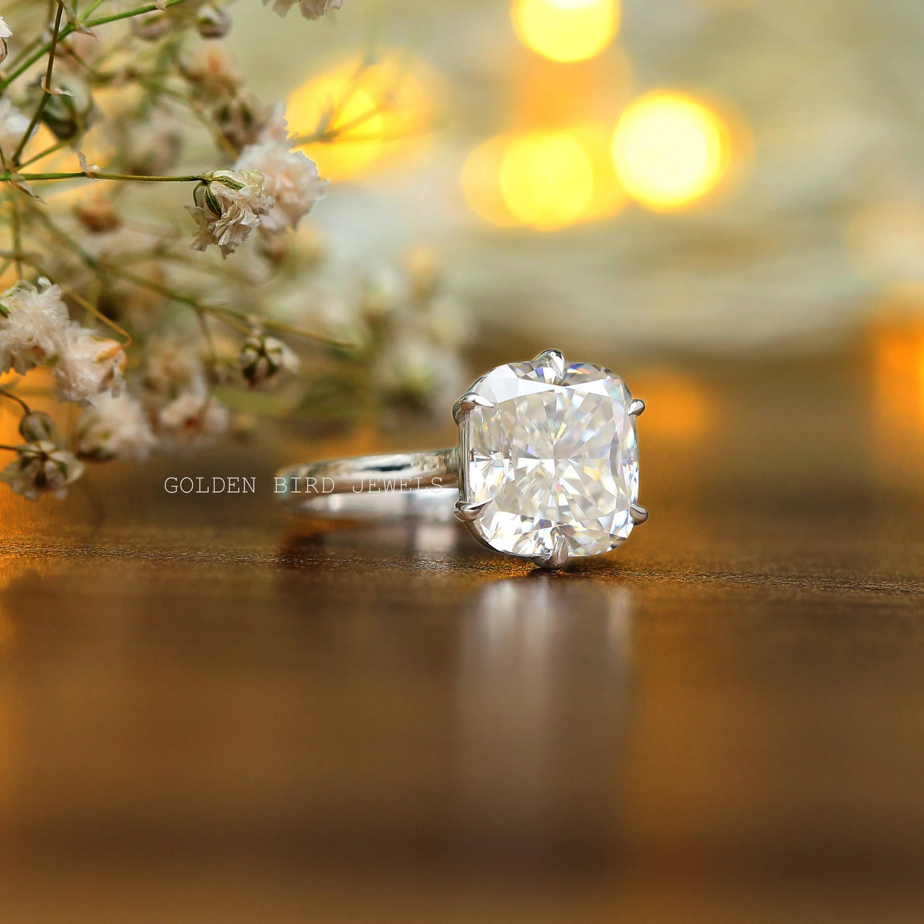 [2.50 Carat Colorless Elongated Cushion Cut Moissanite Solitaire Engagement Ring]-[Golden Bird Jewels]