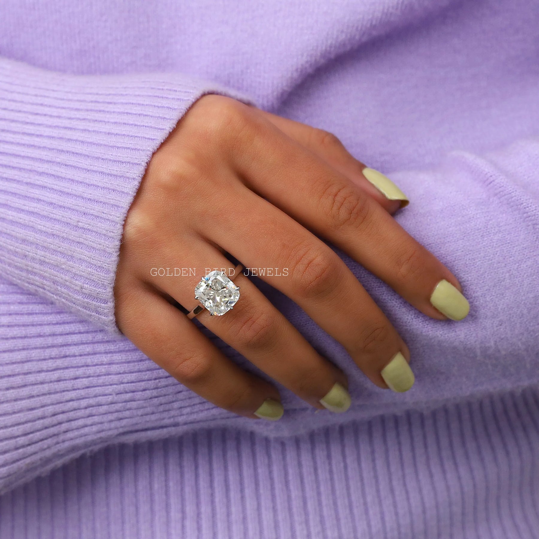 [1.50 Carat Cushion Cut Moissanite Engagement Ring]-[Golden Bird Jewels]