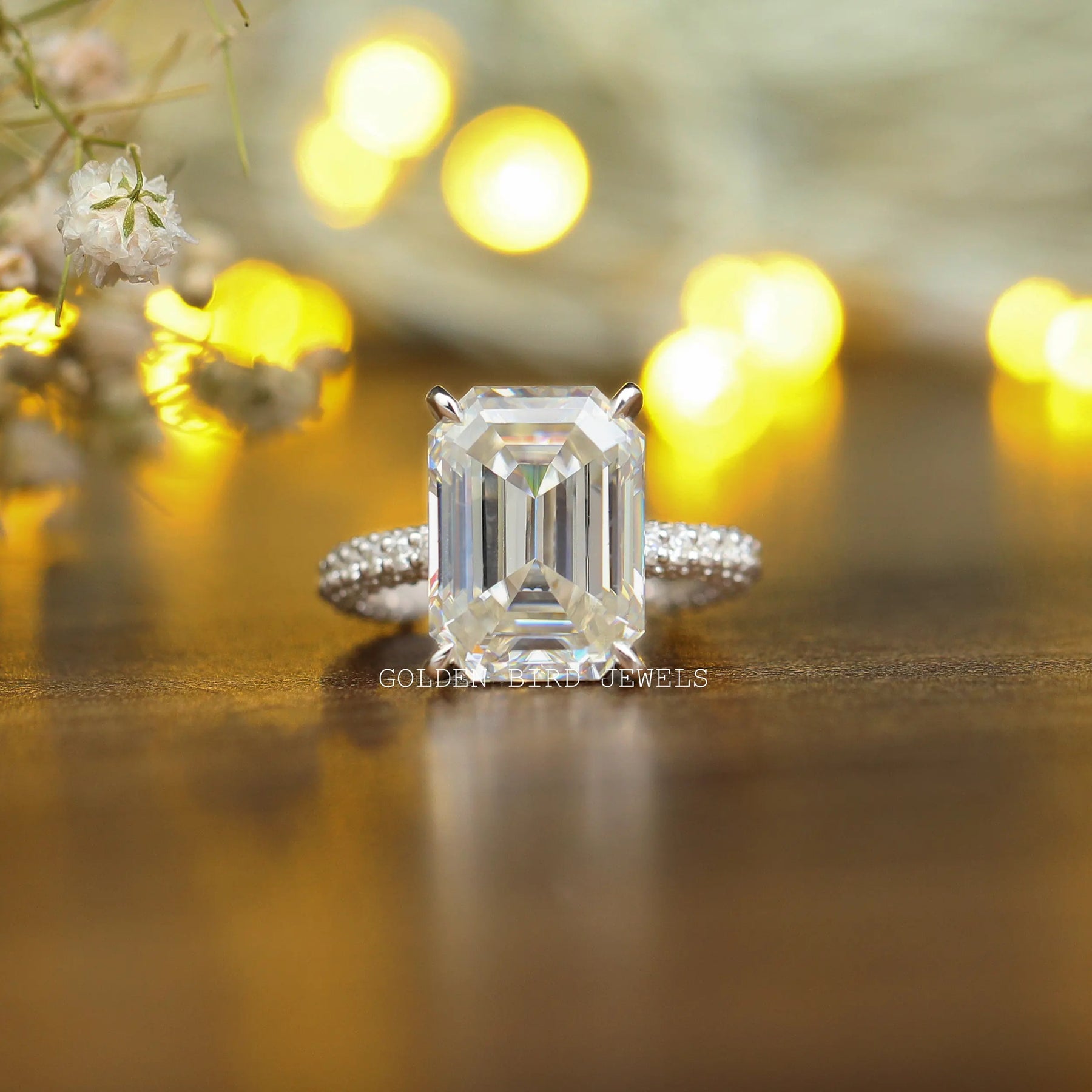 [7.85 Carat Emerald Cut Moissanite Engagement White Gold Ring]-[Golden Bird Jewels]