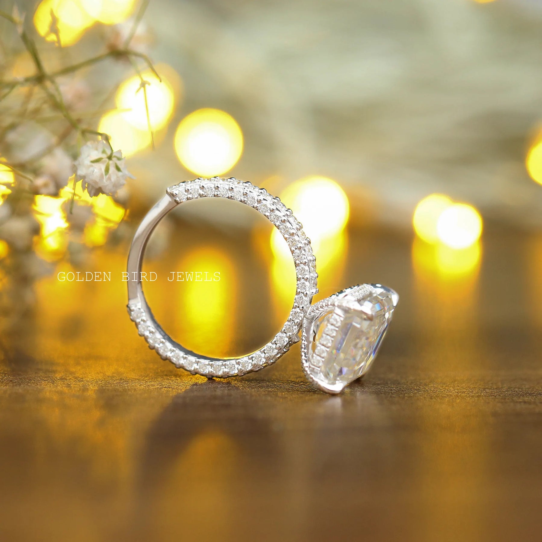 [7.85 Ct Emerald Cut Moissanite Solitaire Engagement Ring]-[Golden Bird Jewels]