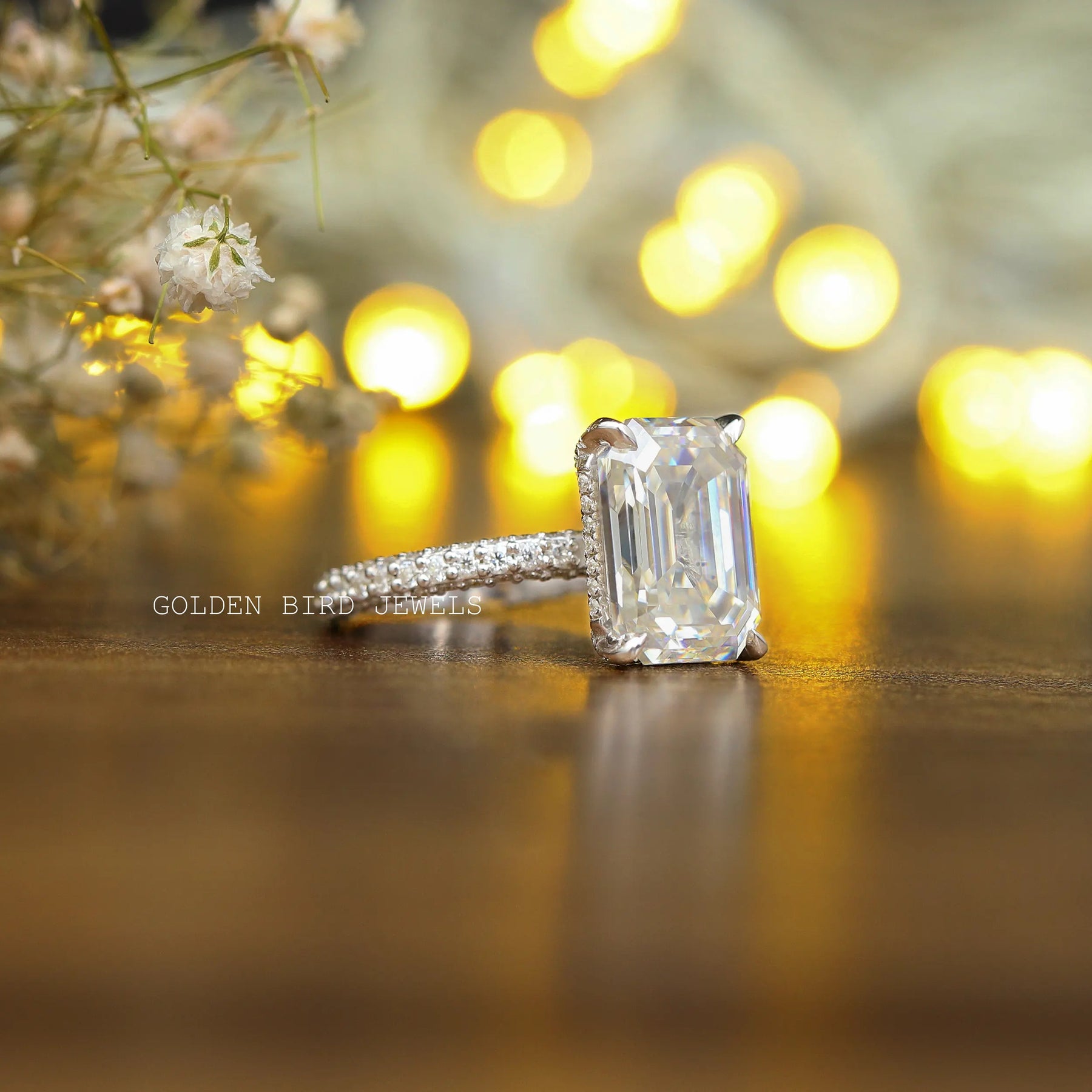 [Emerald Moissanite Engagement Ring In White Gold]-[Golden Bird Jewels]