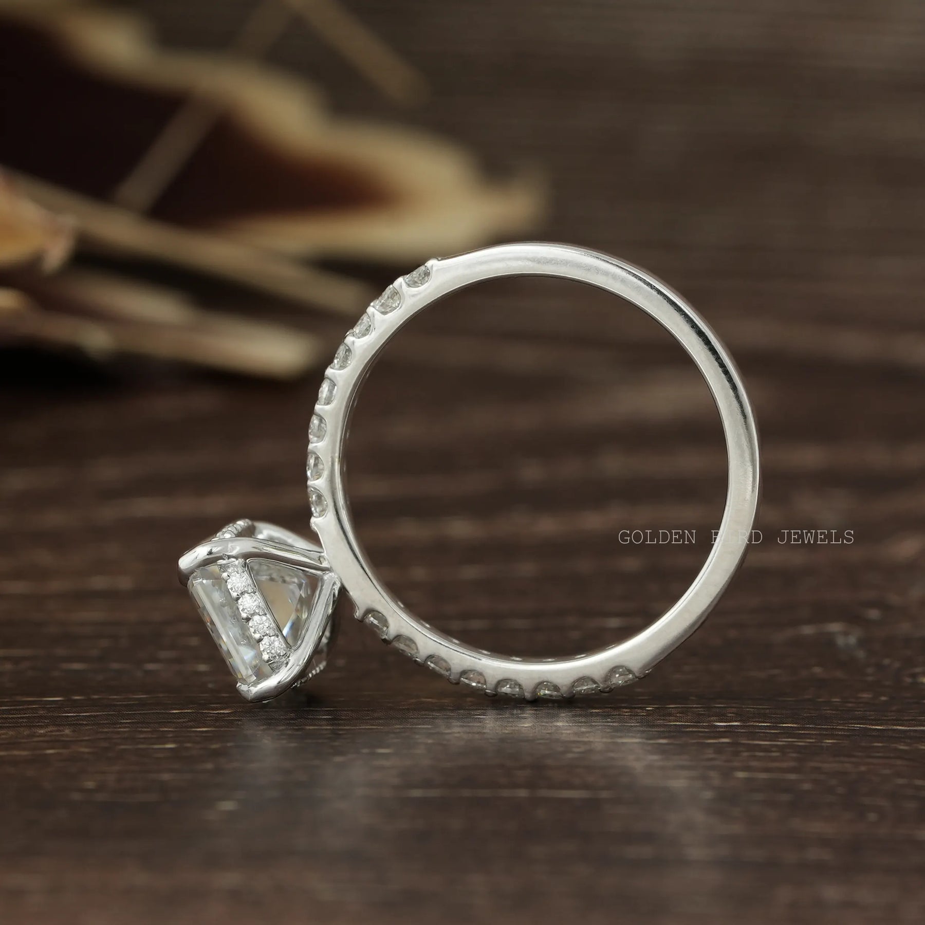 Side Look Of Colorless Moissanite Hidden Halo Solitaire Engagement Ring