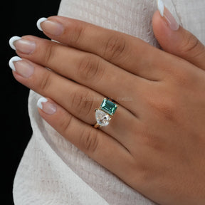 [Moissanite Toi Moi Ring Made Of Emerald & Pear Stons]-[Golden Bird Jewels]