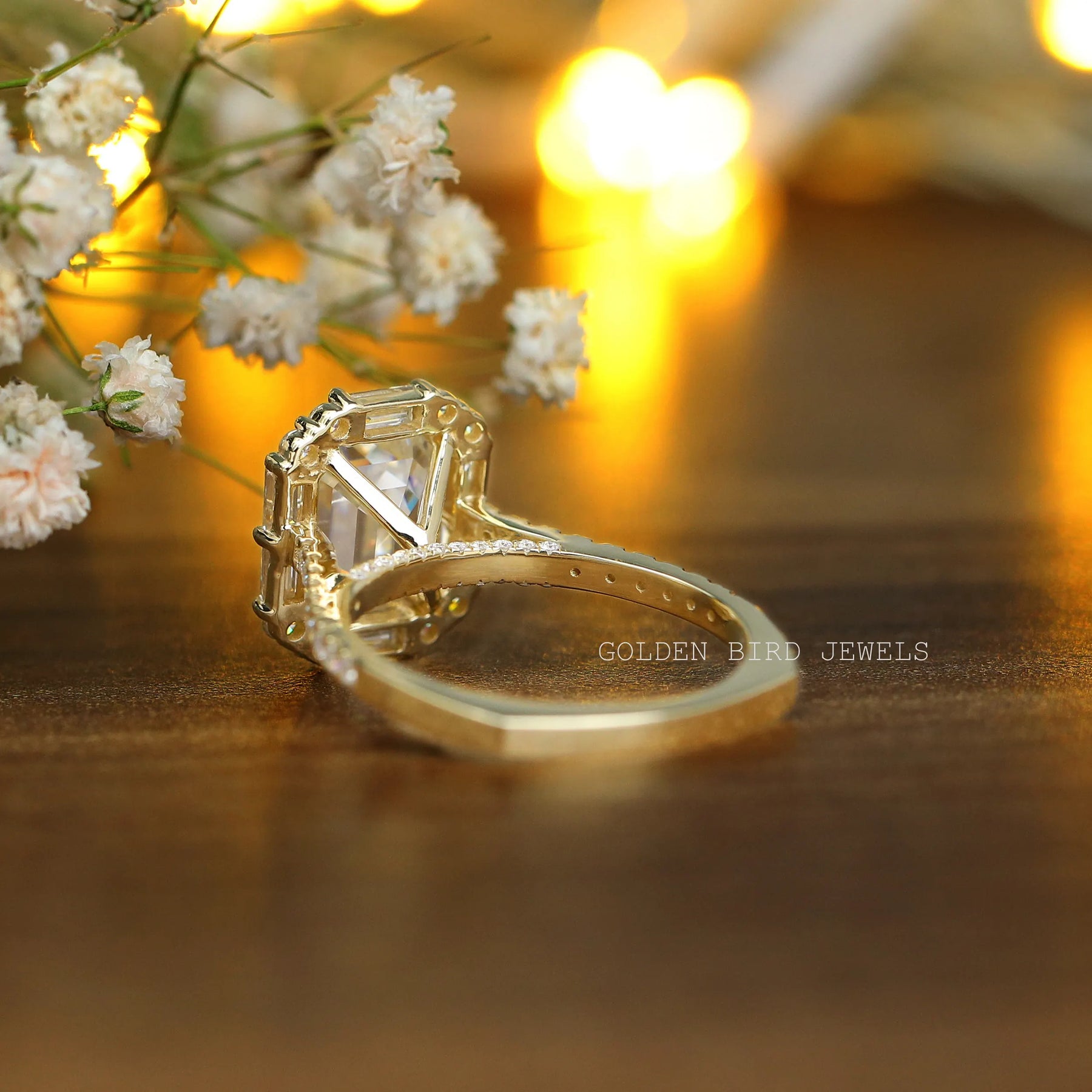 [Vintage Style Emerald & Baguette Moissanite Halo Engagement RingEmerald & Baguette Moissanite Halo Engagement Ring]-[Golden Bird Jewels]