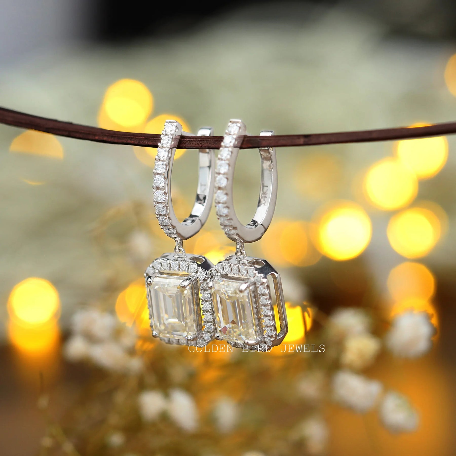 [Dangle Drop Earrings Crafted With Off White Emerald Cut Moissanite]-[Golden Bird Jewels]