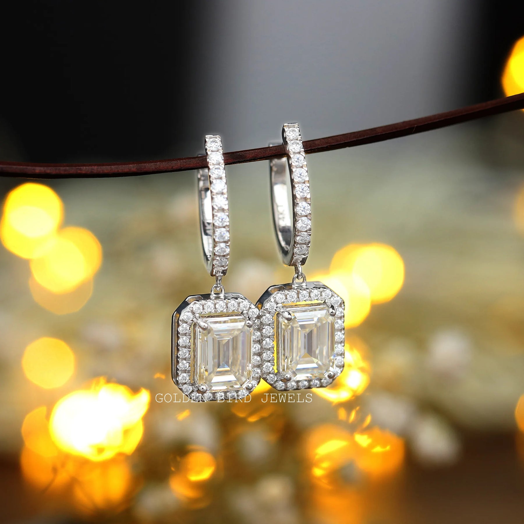 [Emerald Cut Halo Moissanite Dangle Drop Earrings Crafted With Side Stones Round Cut]-[Golden Bird Jewels]