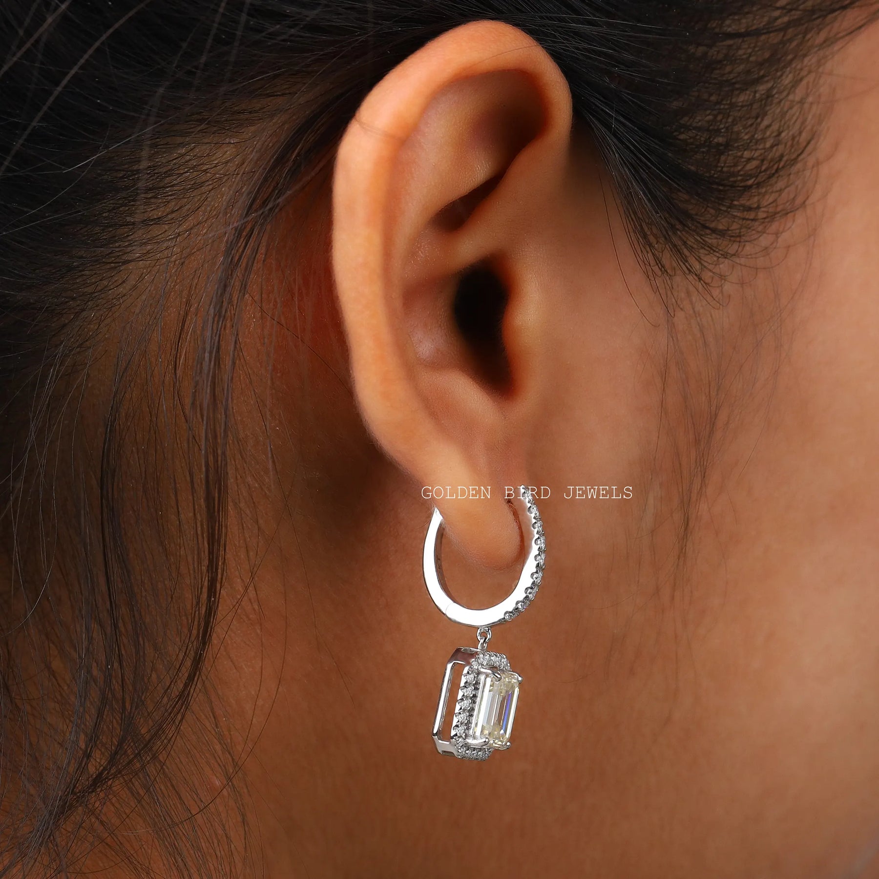 [Moissanite Dangle Drop Emerald Cut Earrings Set In Halo Style]-[Golden Bird Jewels]