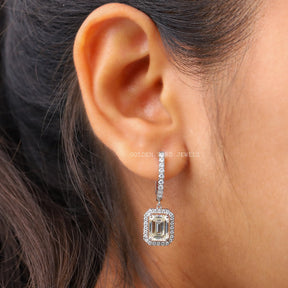 [Moissanite Emerald Cut Dangle Drop Earrings Set In Halo Style]-[Golden Bird Jewels]