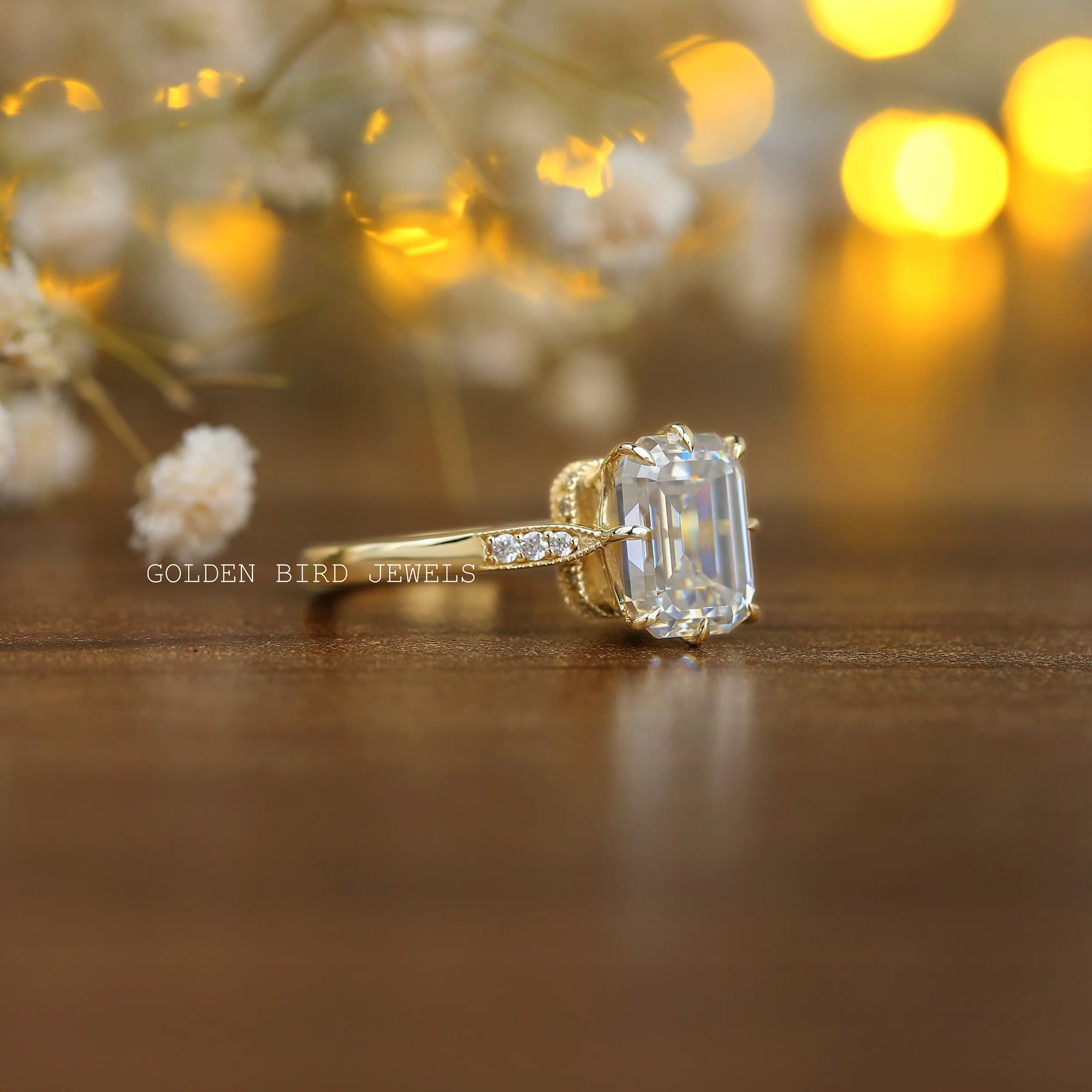 Side View Of 2.40 Carat Emerald Cut Moissanite Hidden Halo Engagement Ring