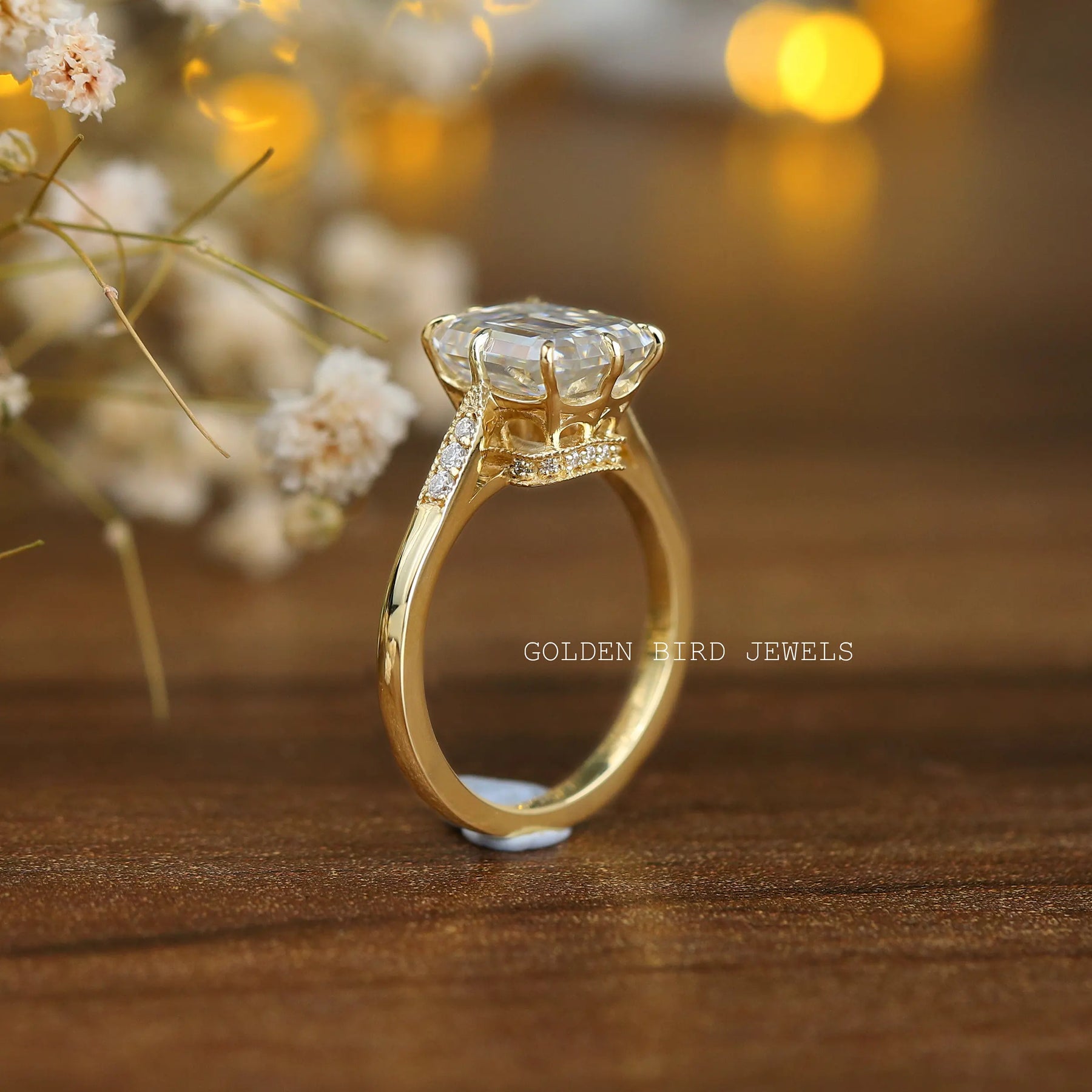 Emerald Cut Hidden Halo Moissanite Ring