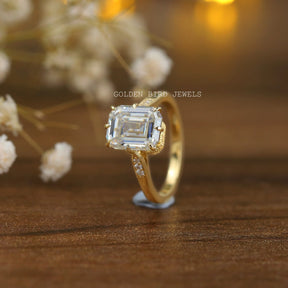 [18K Yellow Gold Emerald Cut Moissanite Solitaire Engagement Ring]-[Golden Bird Jewels]