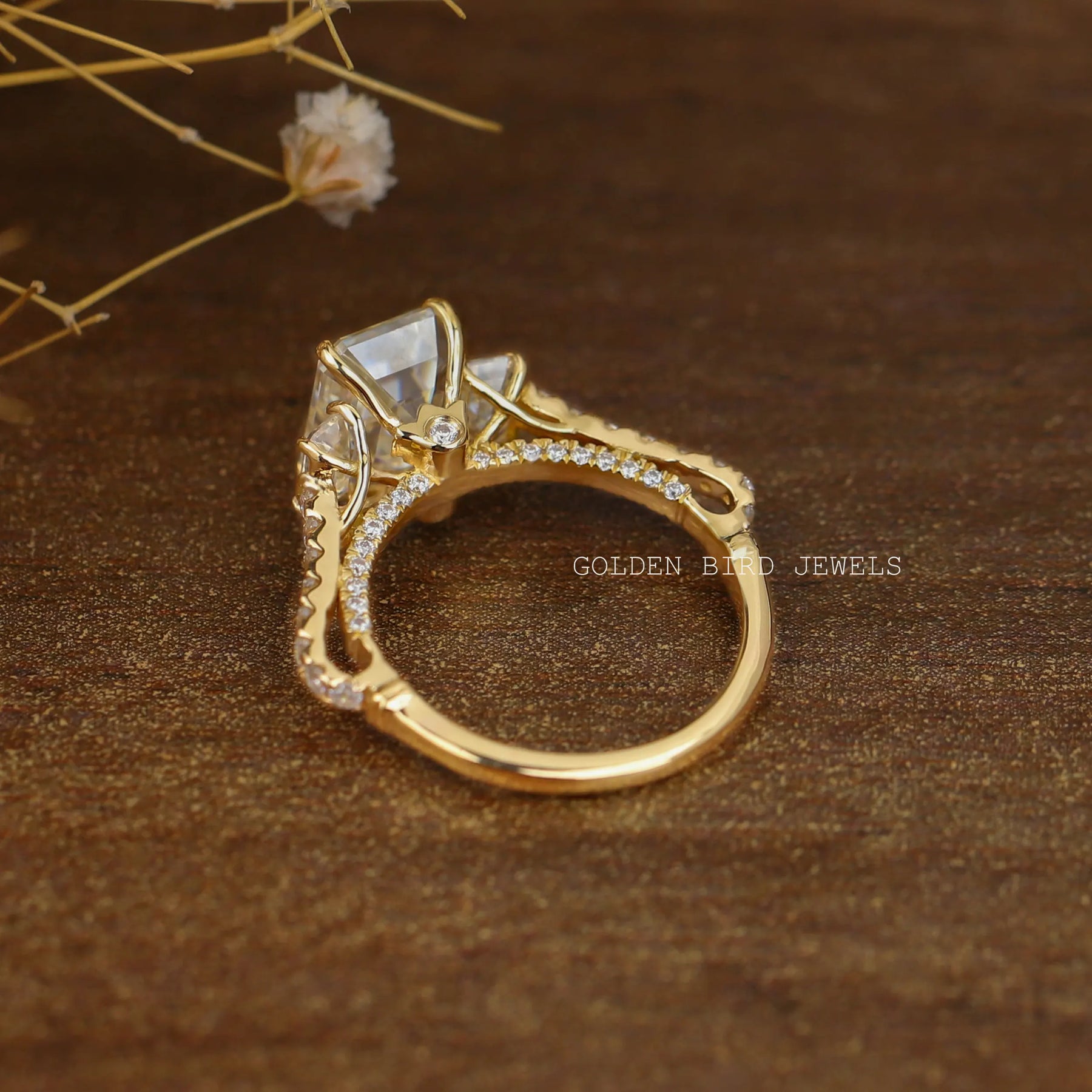 Vintage Style Three Stone Emerald Cut Moissanite Engagement Ring