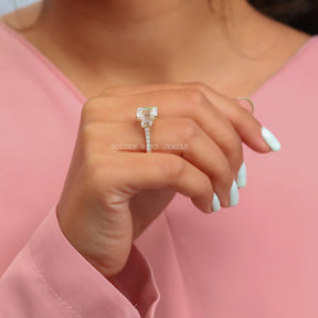 In Finger Side View Of 3 Stone Moissanite Engagement Ring