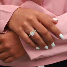 In Finger Front View Of Emerald Cut Three Stone Moissanite Ring