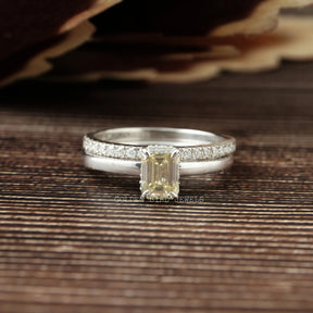 View of Emerald Cut Yellow Moissanite Bridal Ring Set In White Gold