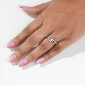 Emerald Cut Moissanite Round Matching Band In Finger