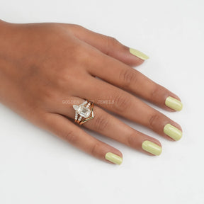 View of Moissanite Bridal Trio Ring Curved Band In Yellow Gold