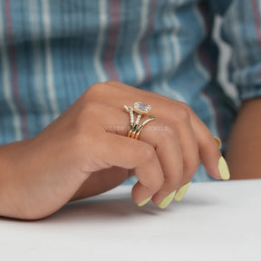 View of Moissanite Bridal Trio Ring Curved Band In Yellow Gold