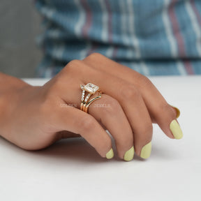 Detailed View of Emerald Cut Moissanite Bridal Trio Ring In Yellow Gold